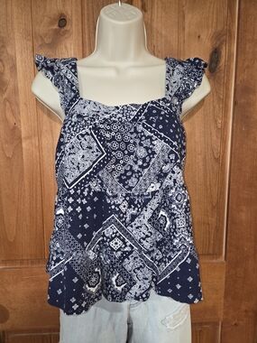 Bandana-Print Ruffle Strap Camisole in Navy